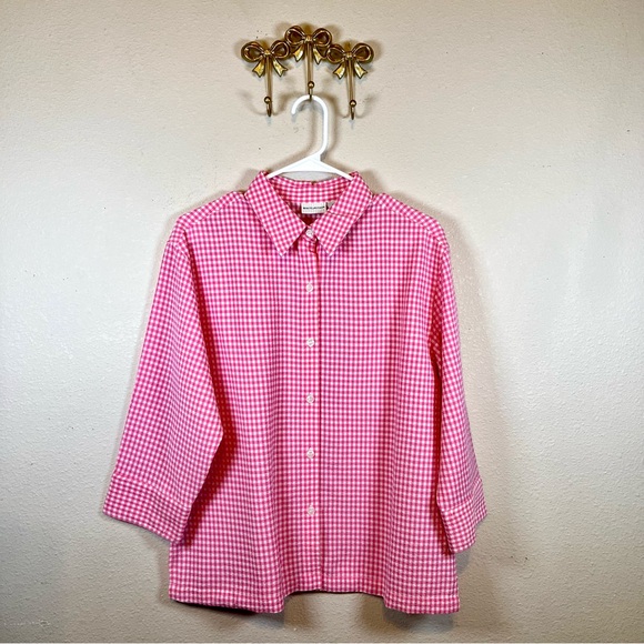 White Stag Pink Gingham Collared Button-Up Shirt. 3/4 sleeves. Size M - Picture 2 of 6